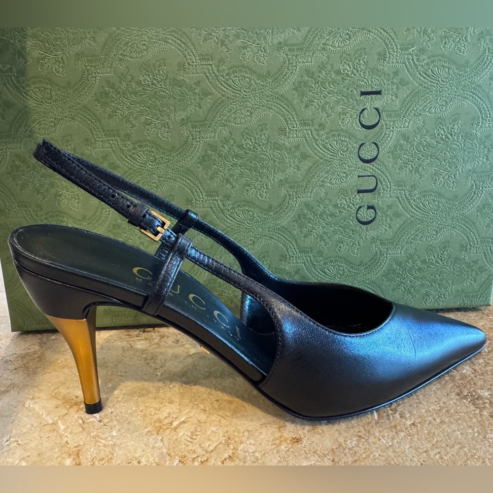 NEW GUCCI Priscilla 85 Black Leather Slingback Pump w Matte Gold Heel size 36 - Picture 2 of 11